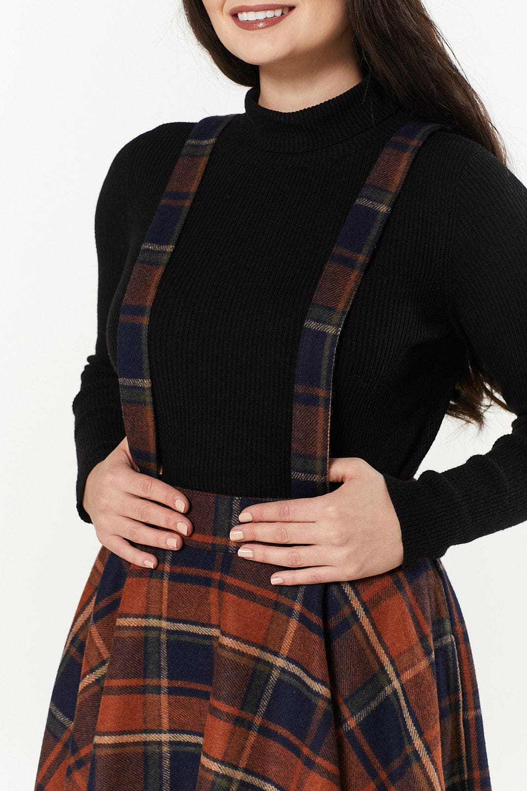 Woollen Swing Skirt Navy and Rust Check wth braces