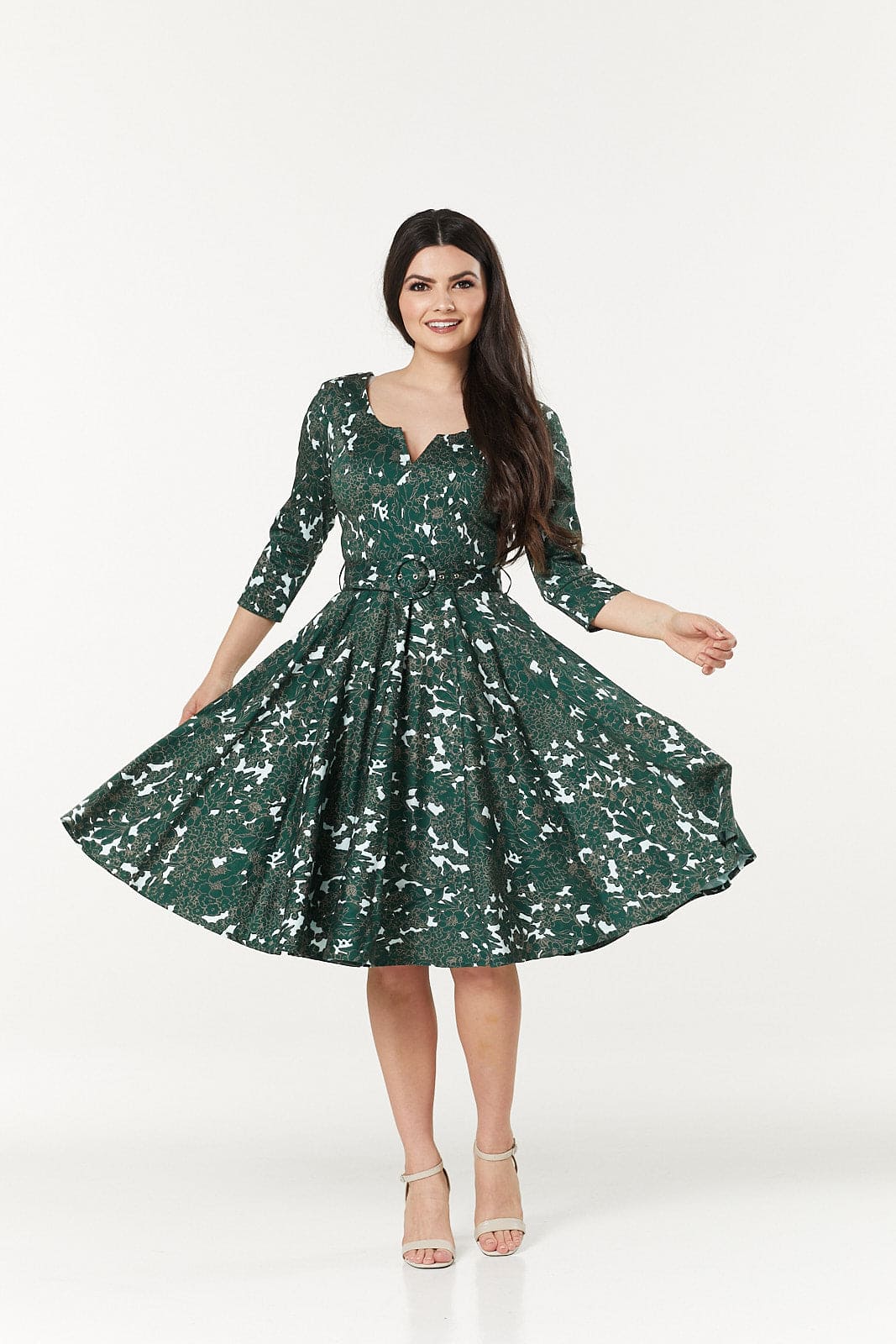 Tova Fit&amp;Flare 3/4 Sleeves Midi Swing Dress in Cotton Sateen