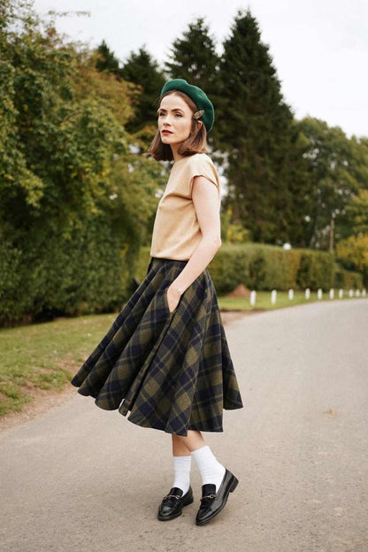 Sophie Sage Green Woollen Check Tartan Midi Swing Skirt