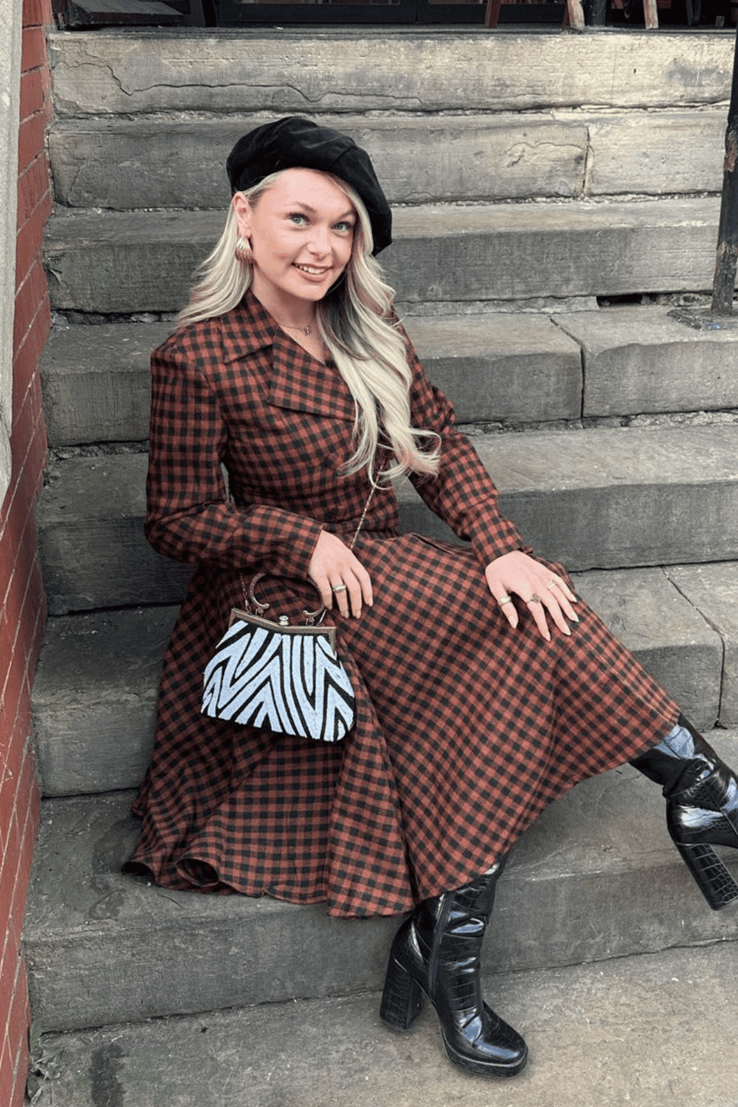 Sophie Copper and Black Check Tartan Midi Swing Skirt