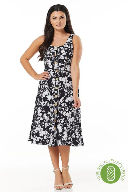 Emerson Black &amp; White Floral Button Detail Dress - Timeless London