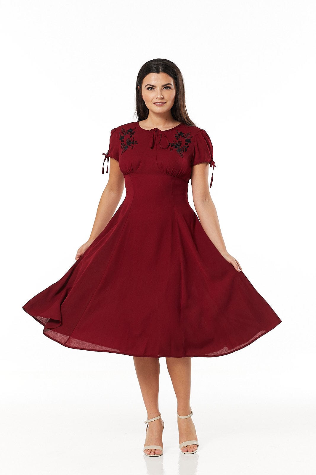 Ava Burgandy Midi Dress hand embroidery and Empire Waist