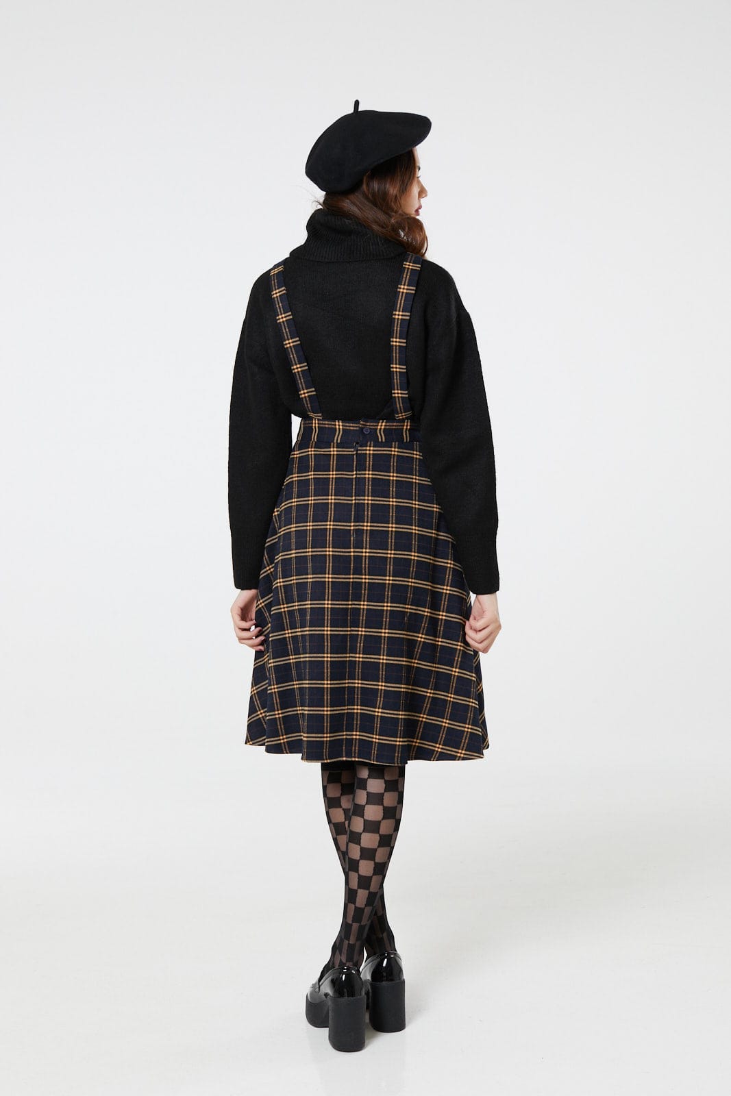 Checker Pinafore Navy and Yellow Check Midi Swing Skirt