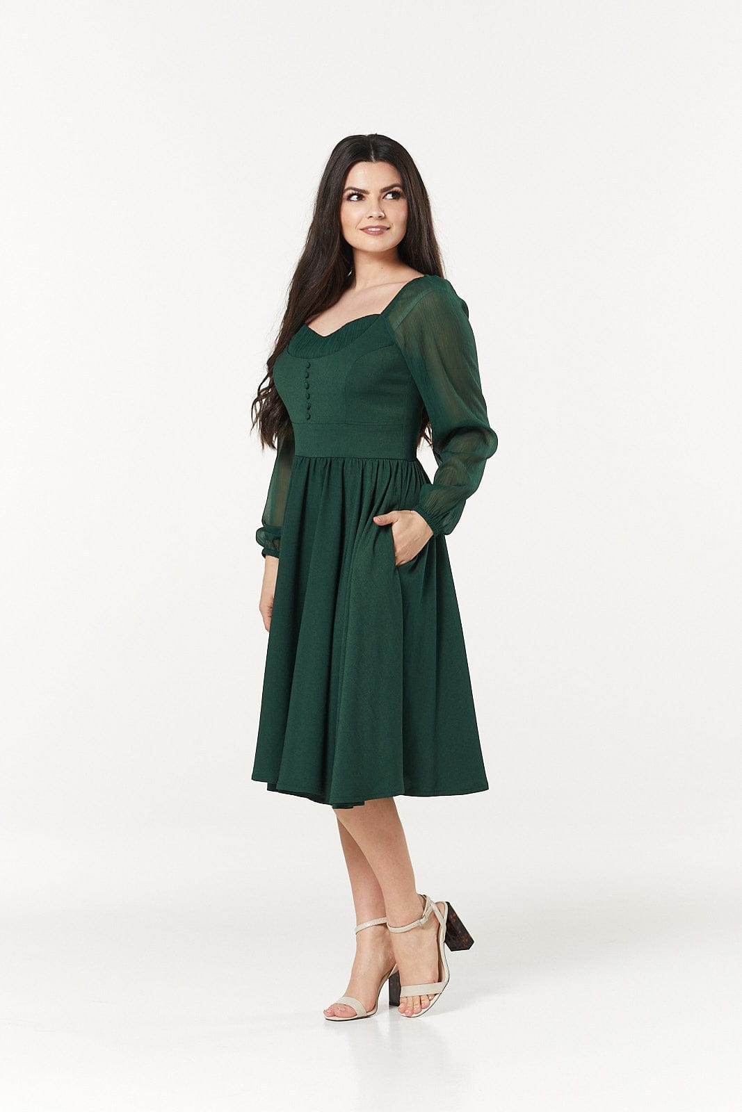 Dior Green Midi Swing Dress Sweetheart Neck with Chif sleeve