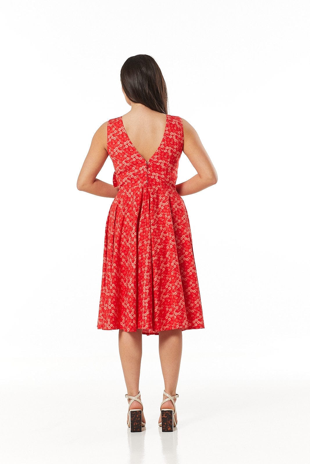 Hazel Red &amp; White Floral Bow Detail Dress - Timeless London