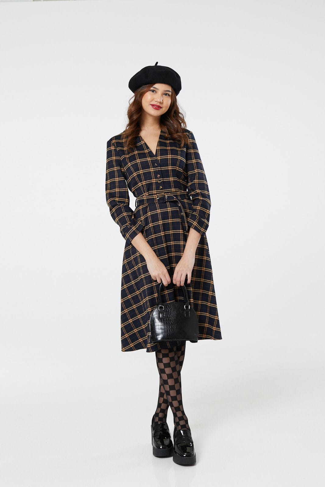 Helena Navy Check Dress in Navy and Yellow Check