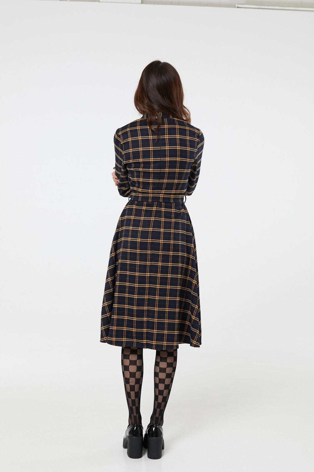 Helena Navy Check Dress in Navy and Yellow Check