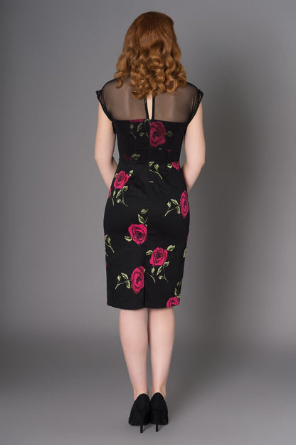 Karen Big Roses Pencil Dress with Mesh Neckline - Timeless London