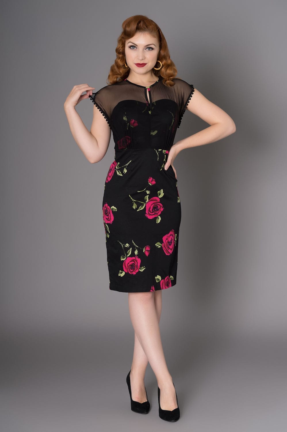 Karen Big Roses Pencil Dress with Mesh Neckline - Timeless London