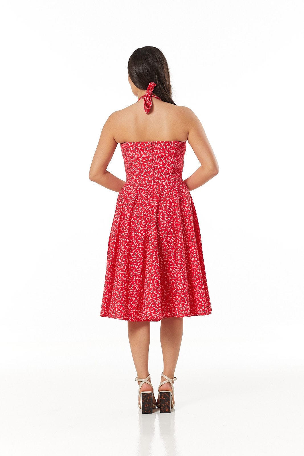 Kimberley Red &amp; White Floral Halterneck Swing Dress - Timeless London