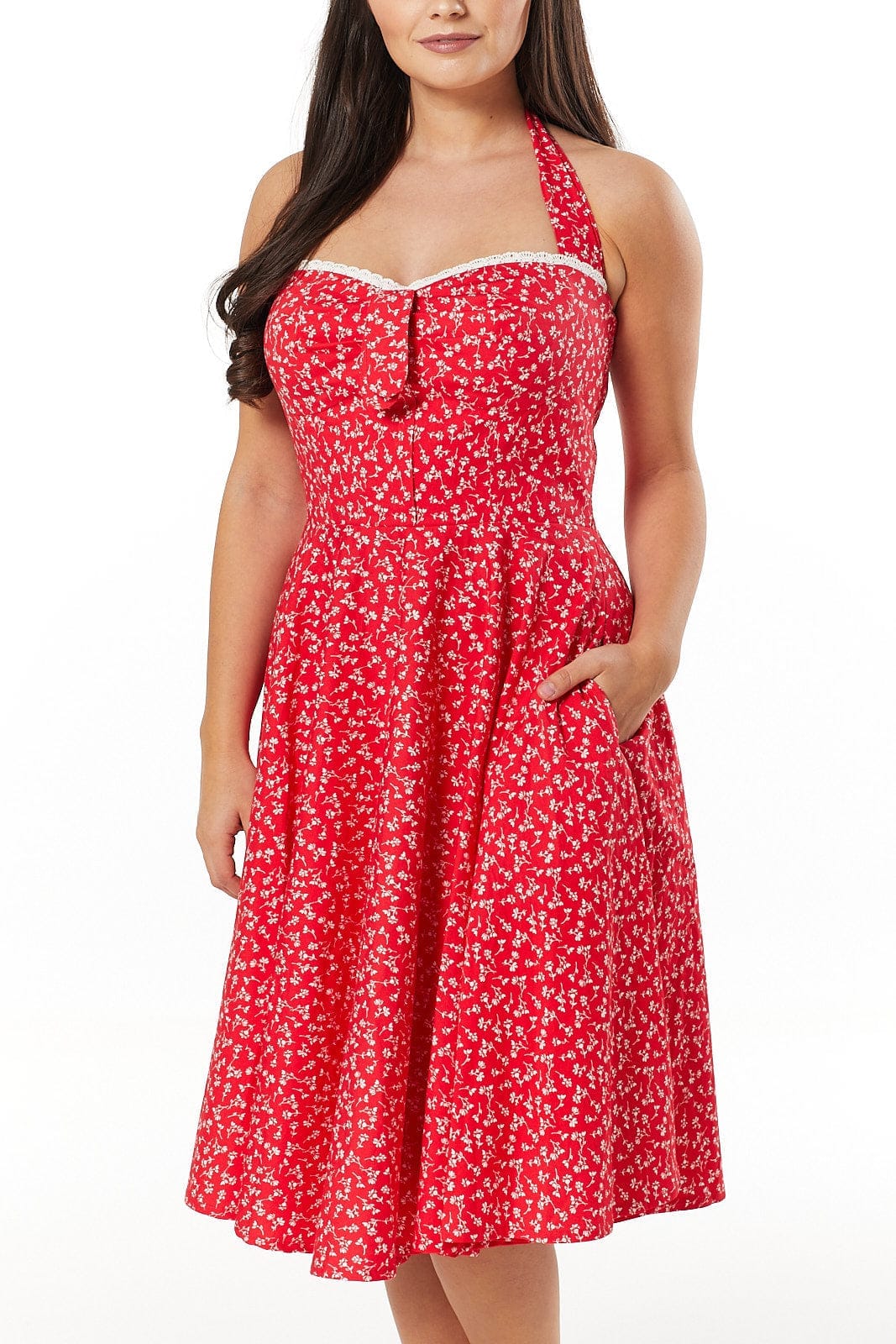 Kimberley Red &amp; White Floral Halterneck Swing Dress - Timeless London