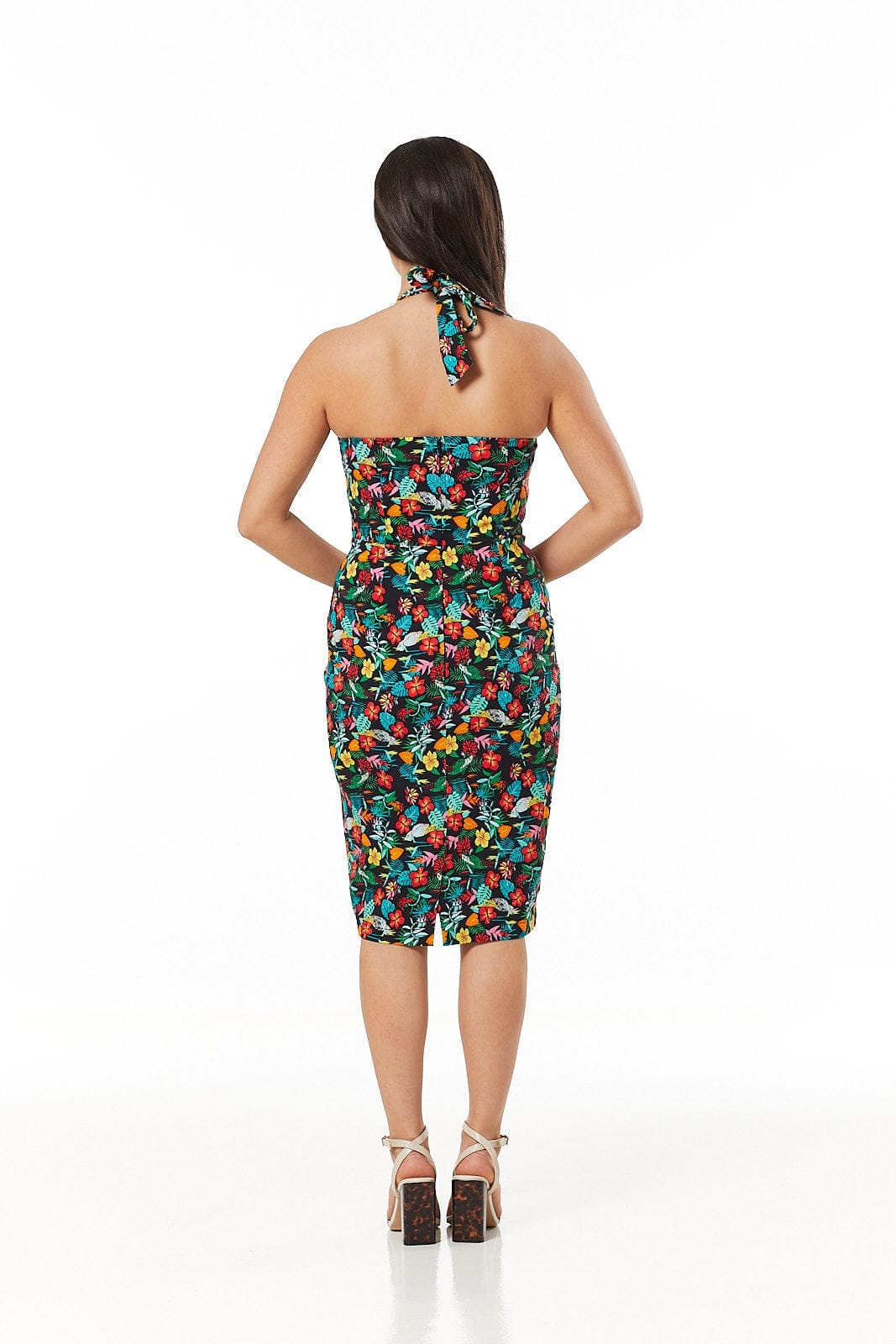 Pippa Hawaiian Floral Wiggle Halterneck Dress - Timeless London