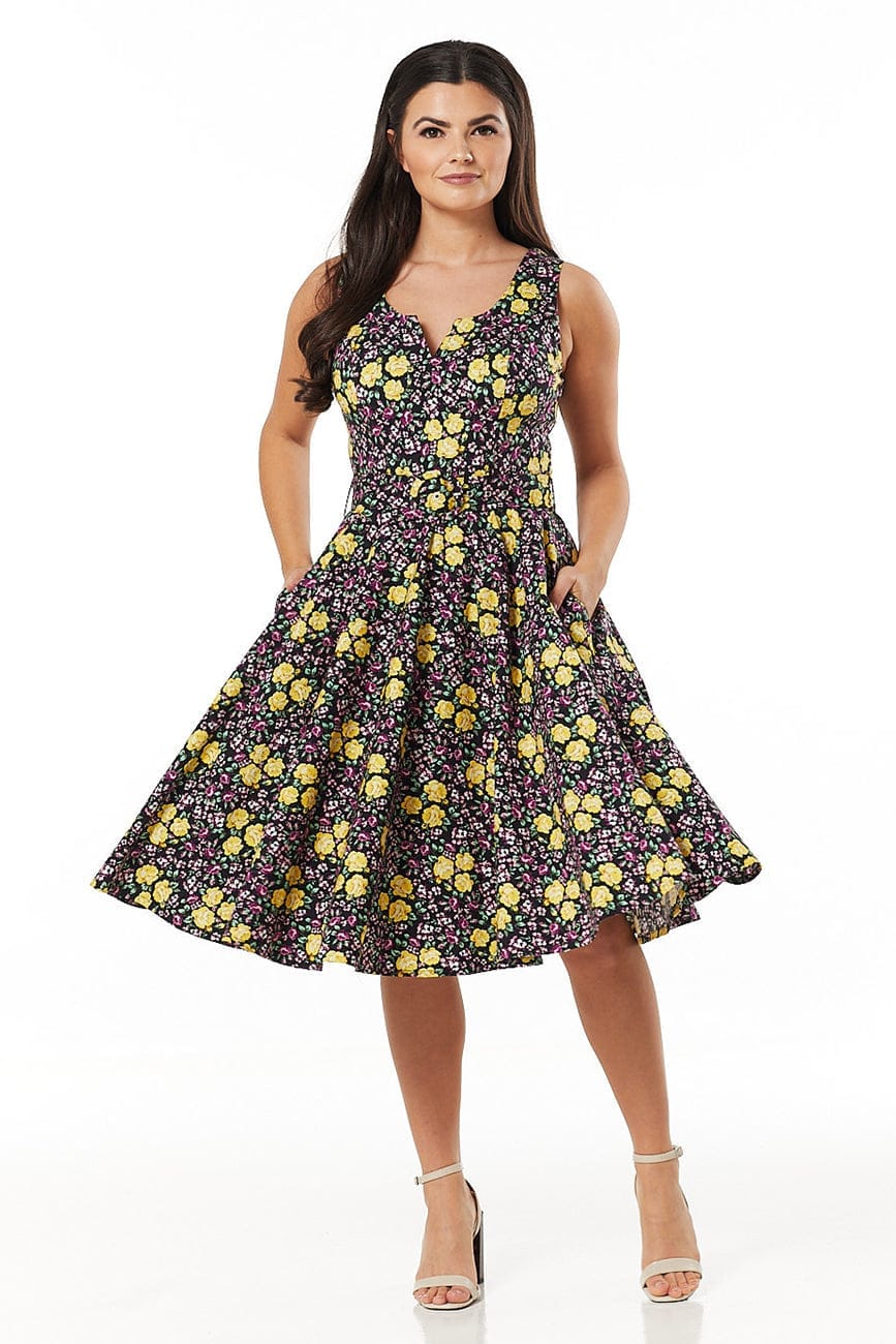 Ria Purple &amp; Yellow Floral Belted Swing Dress - Timeless London