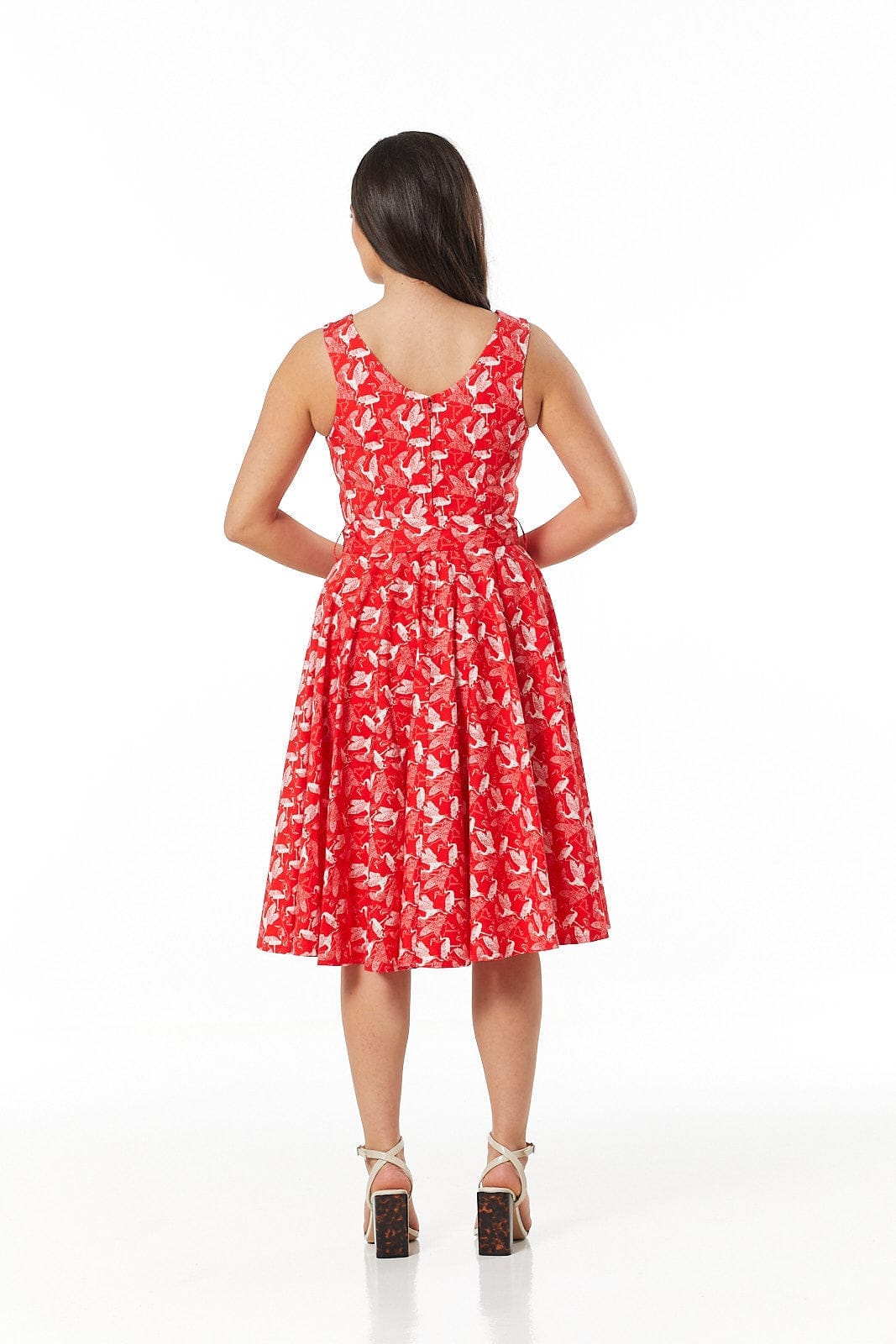 Rina Red &amp; White Heron Print Belted Swing Dress - Timeless London