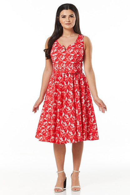 Rina Red &amp; White Heron Print Belted Swing Dress - Timeless London