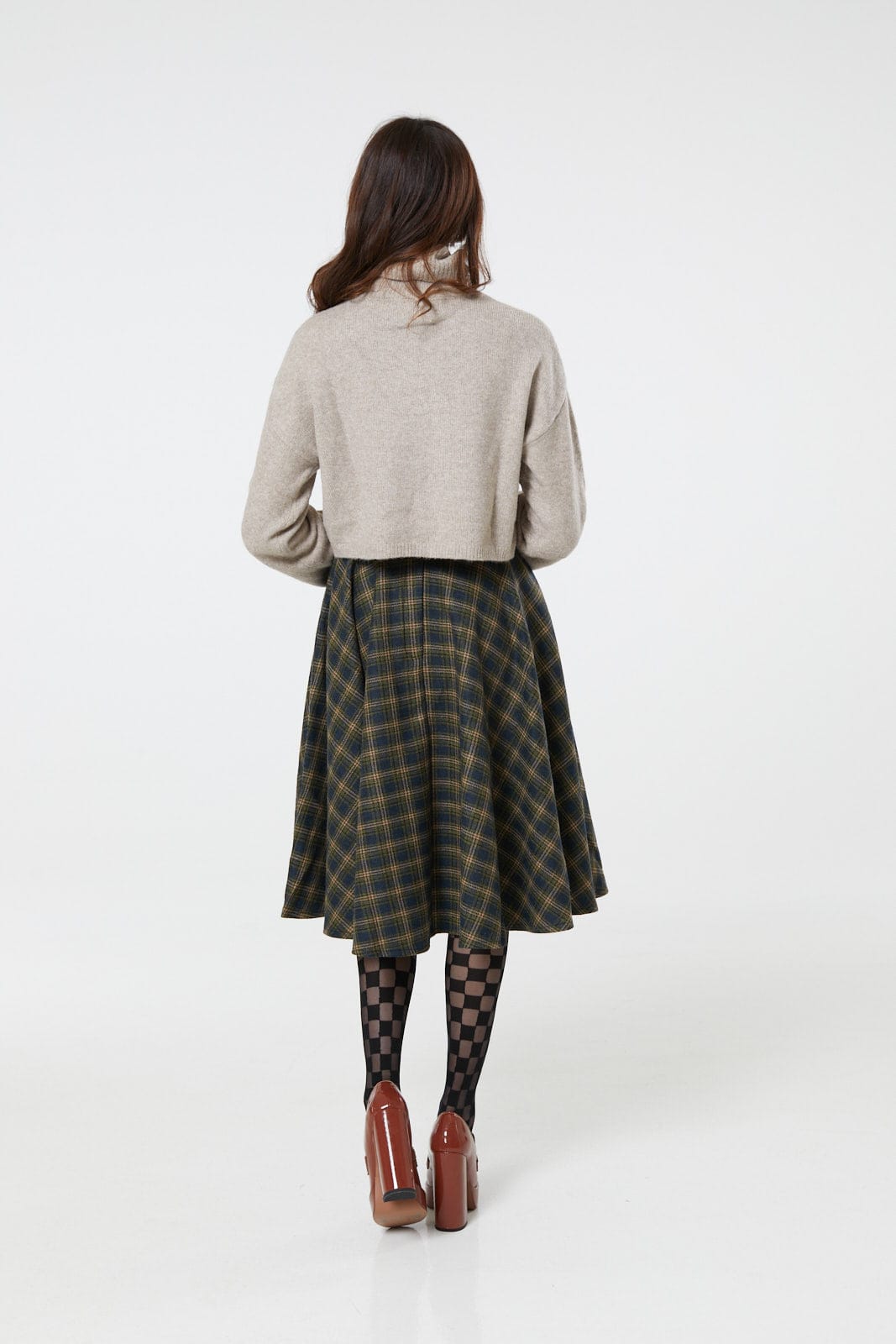 Sophie Blue &amp; Green Woollen Check Tartan Midi Swing Skirt