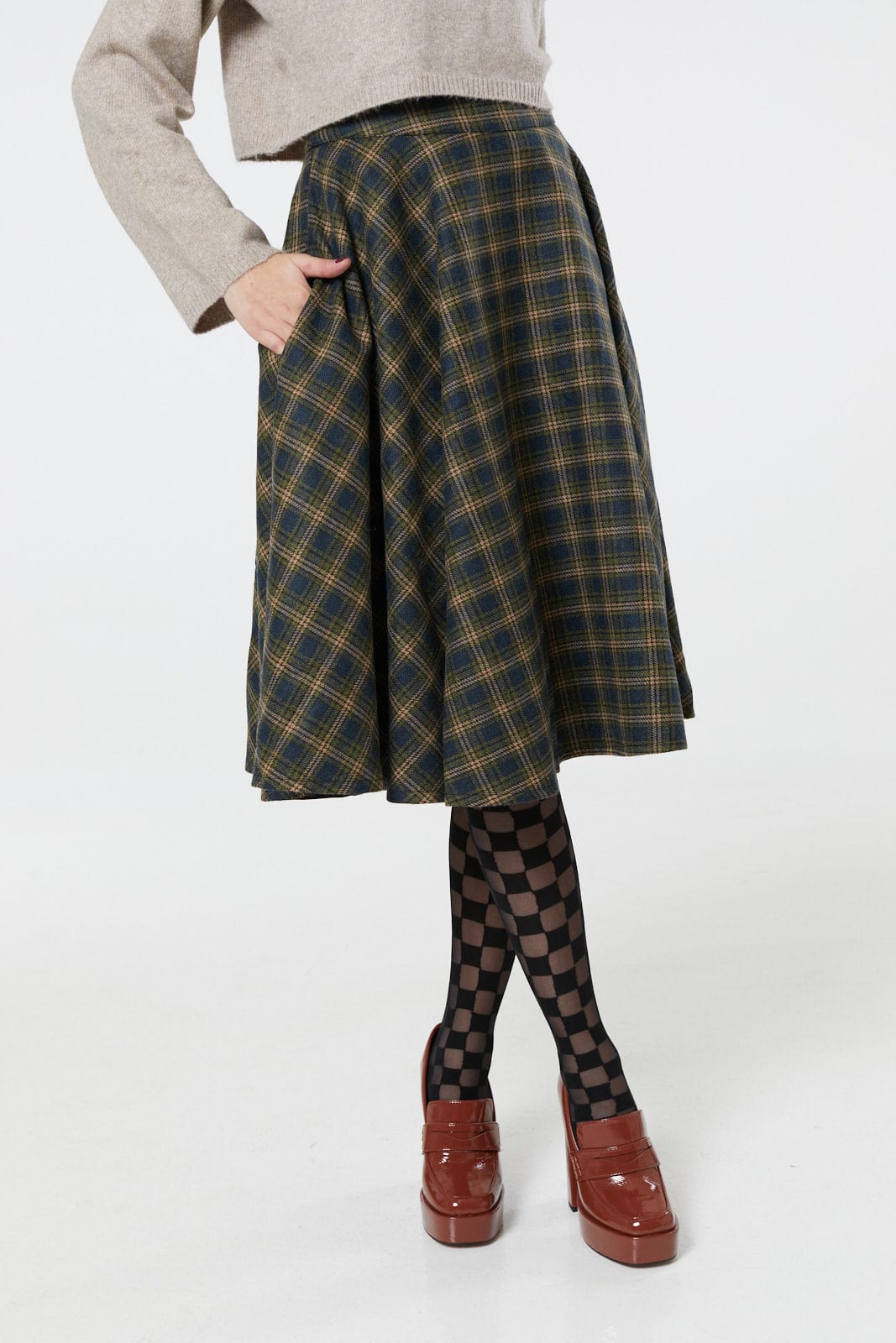 Sophie Blue &amp; Green Woollen Check Tartan Midi Swing Skirt