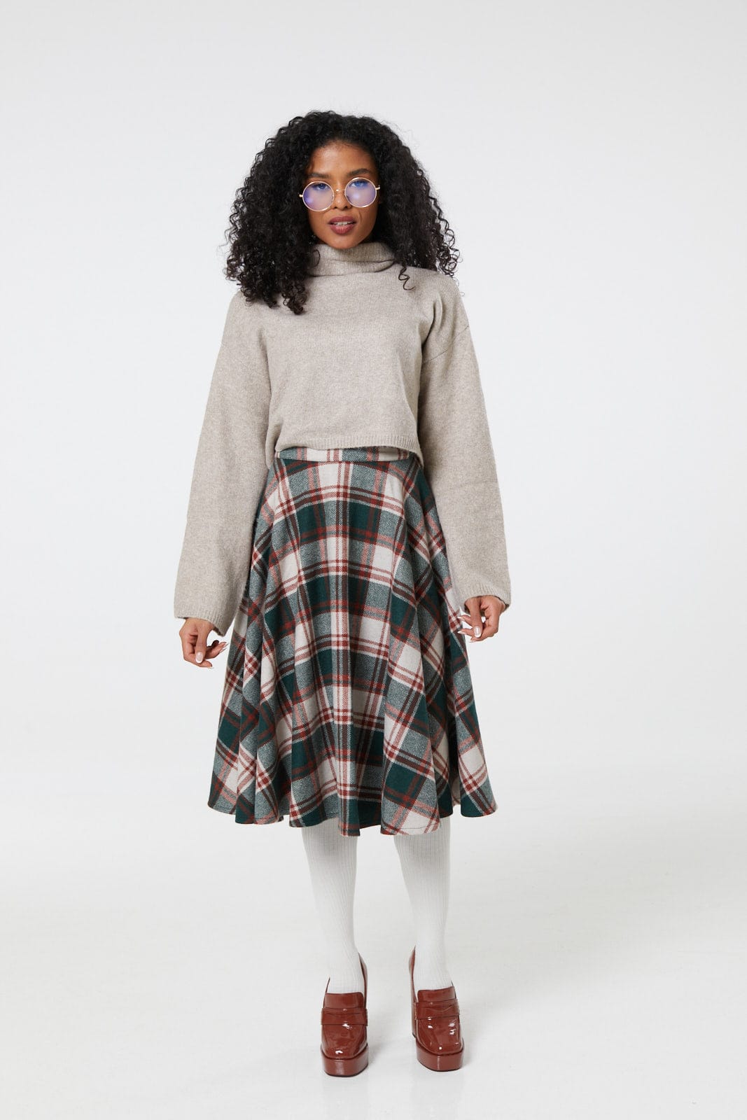 Sophie Green &amp; White Woollen Check Tartan Midi Swing Skirt