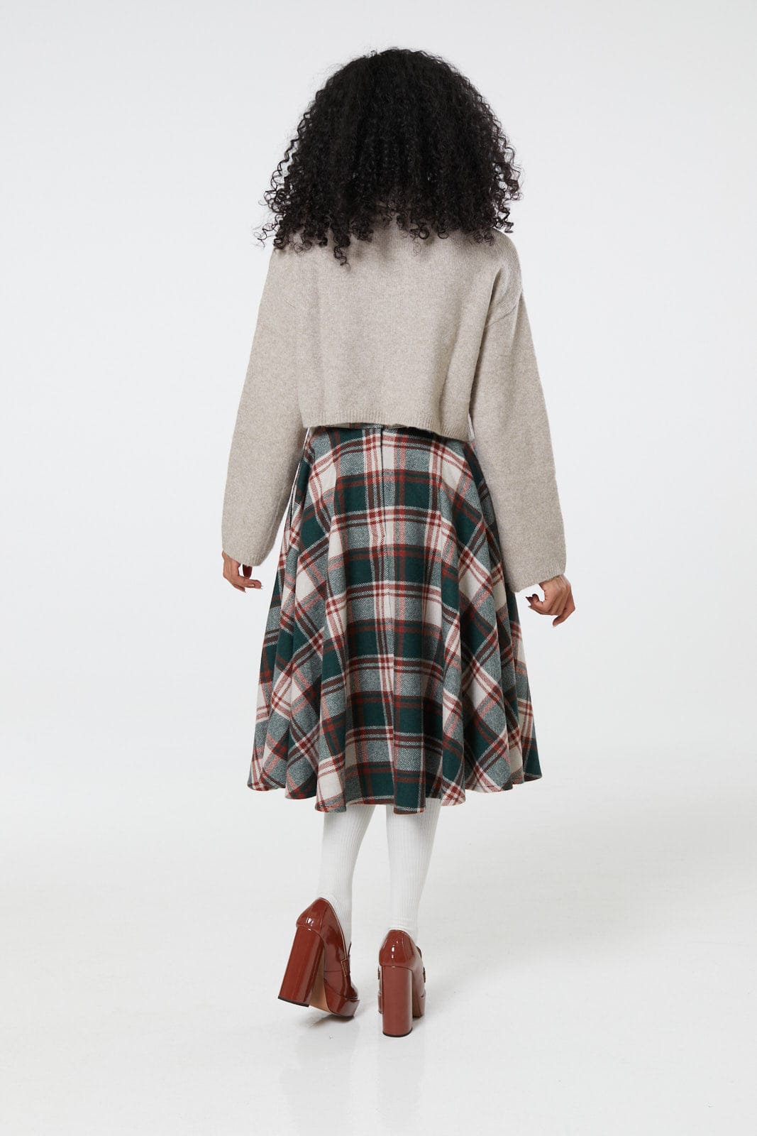 Sophie Green &amp; White Woollen Check Tartan Midi Swing Skirt