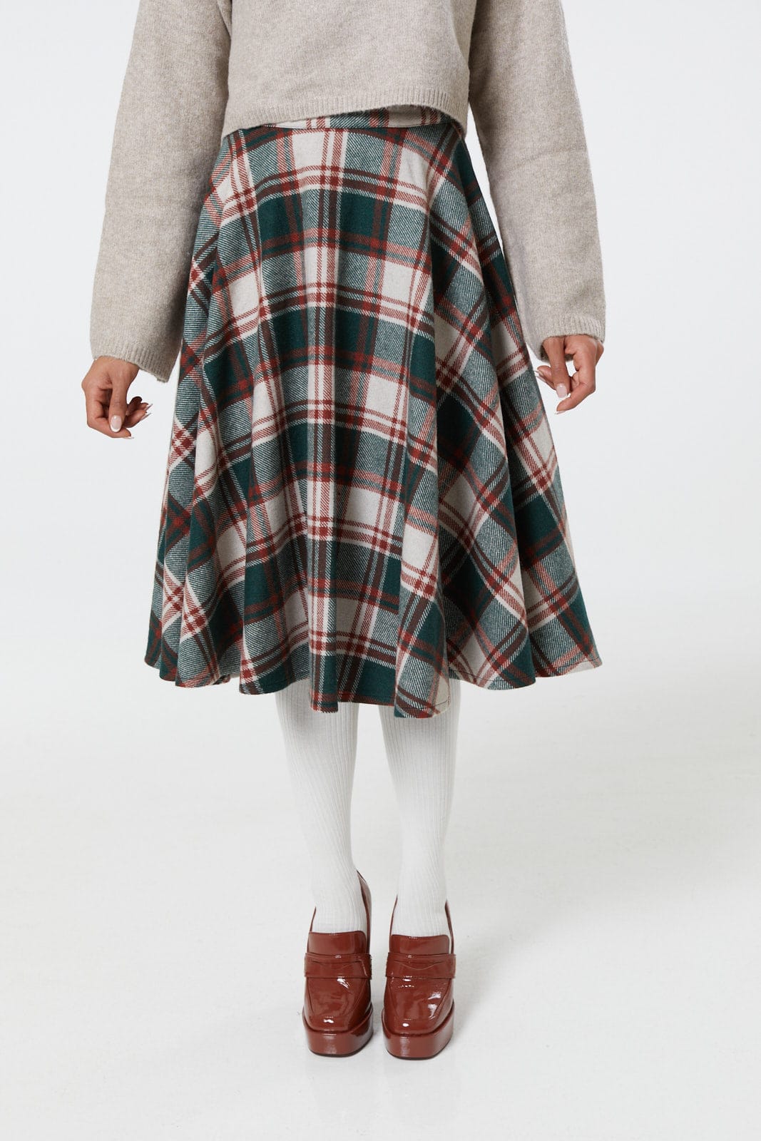 Sophie Green &amp; White Woollen Check Tartan Midi Swing Skirt