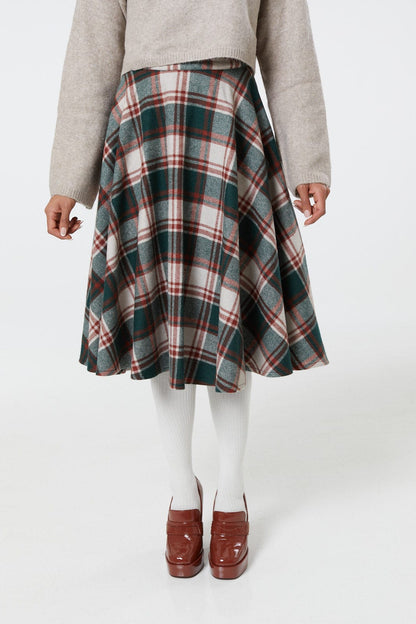 Sophie Green &amp; White Woollen Check Tartan Midi Swing Skirt