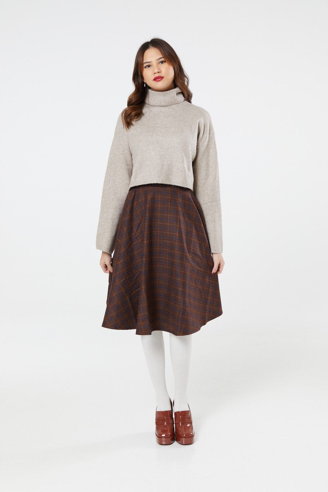 Sophie Blue &amp; Brown Woollen Check Tartan Midi Swing Skirt