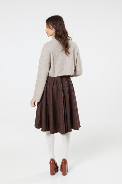 Sophie Blue &amp; Brown Woollen Check Tartan Midi Swing Skirt