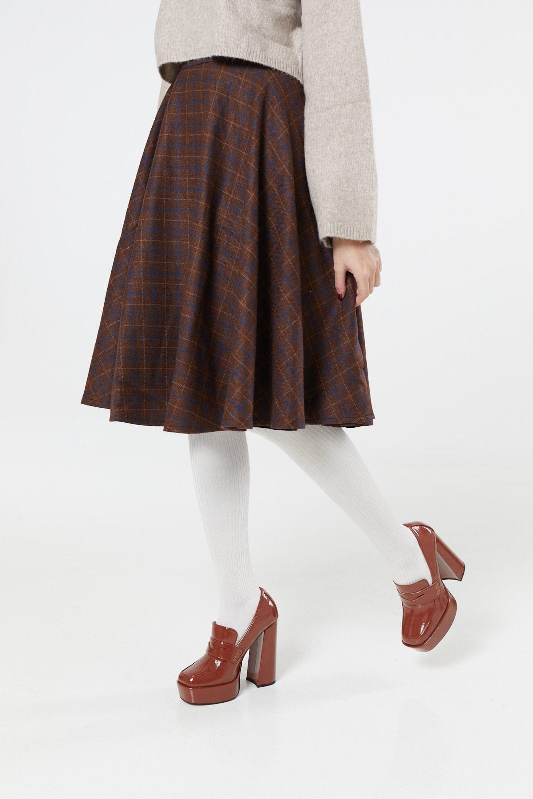 Sophie Blue &amp; Brown Woollen Check Tartan Midi Swing Skirt