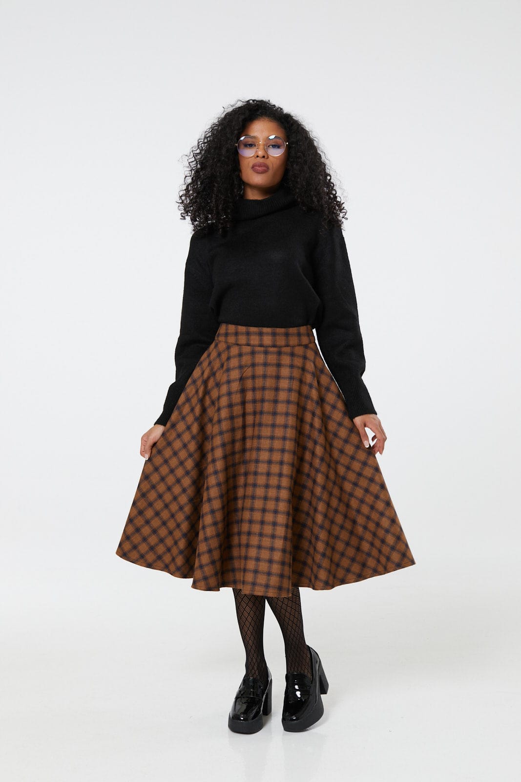 Sophie Camel Woollen Check Tartan Midi Swing Skirt