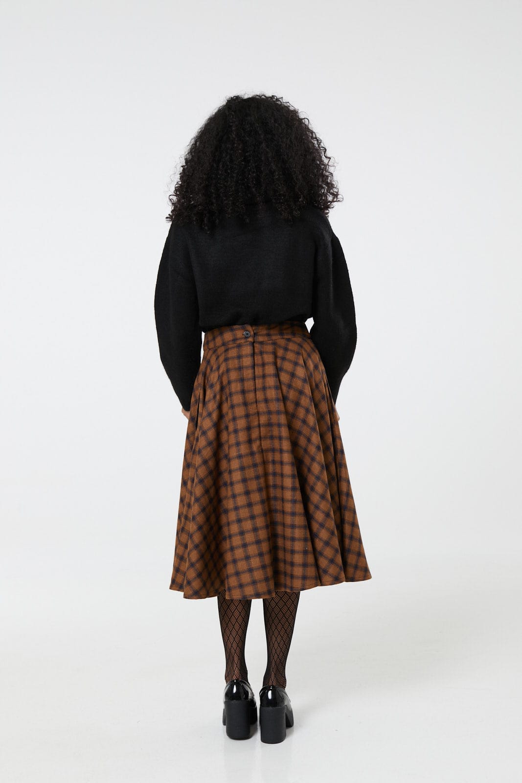 Sophie Camel Woollen Check Tartan Midi Swing Skirt