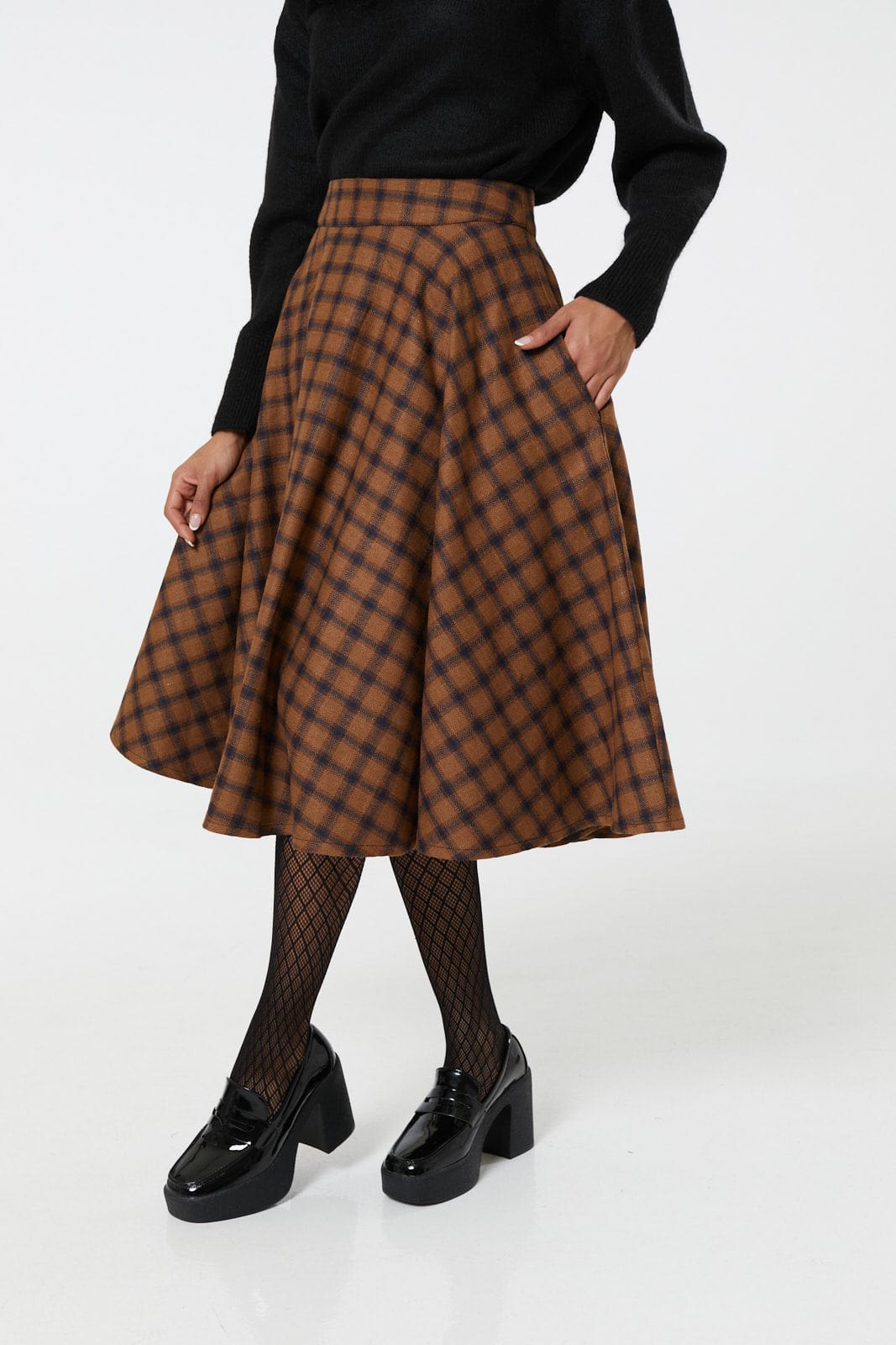 Sophie Camel Woollen Check Tartan Midi Swing Skirt