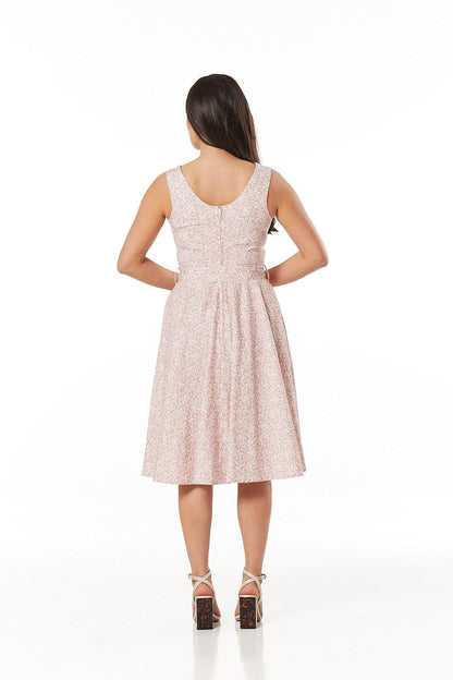 Tina White &amp; Pink Leaves Belted Sleeveless Dress - Timeless London