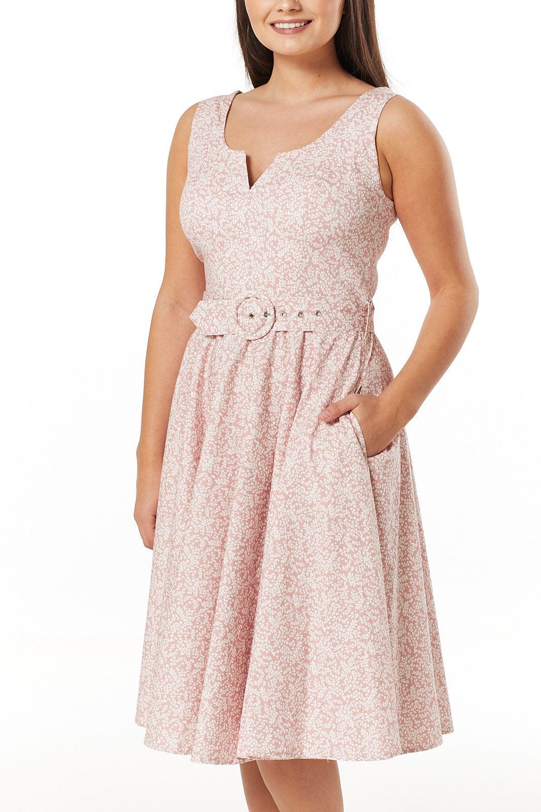 Tina White &amp; Pink Leaves Belted Sleeveless Dress - Timeless London