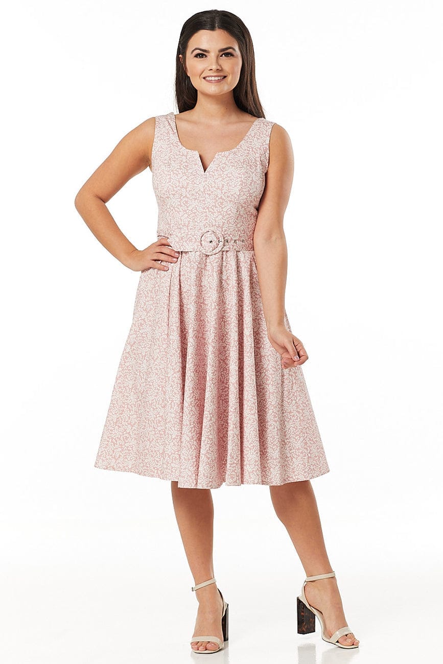 Tina White &amp; Pink Leaves Belted Sleeveless Dress - Timeless London