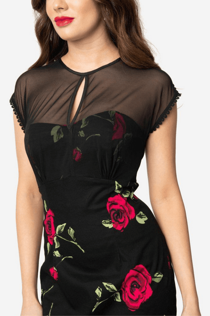 Karen Big Roses Pencil Dress with Mesh Neckline - Timeless London