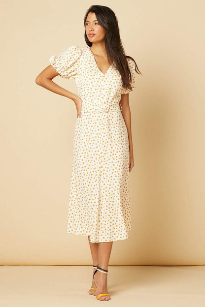 Catherine Orange Polka Dot Balloon Sleeve Dress - Timeless London