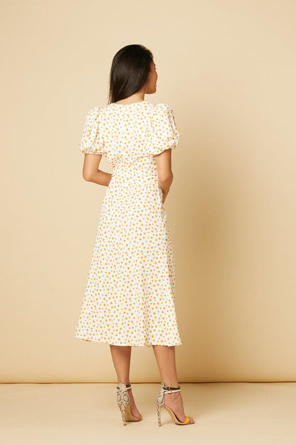 Catherine Orange Polka Dot Balloon Sleeve Dress - Timeless London