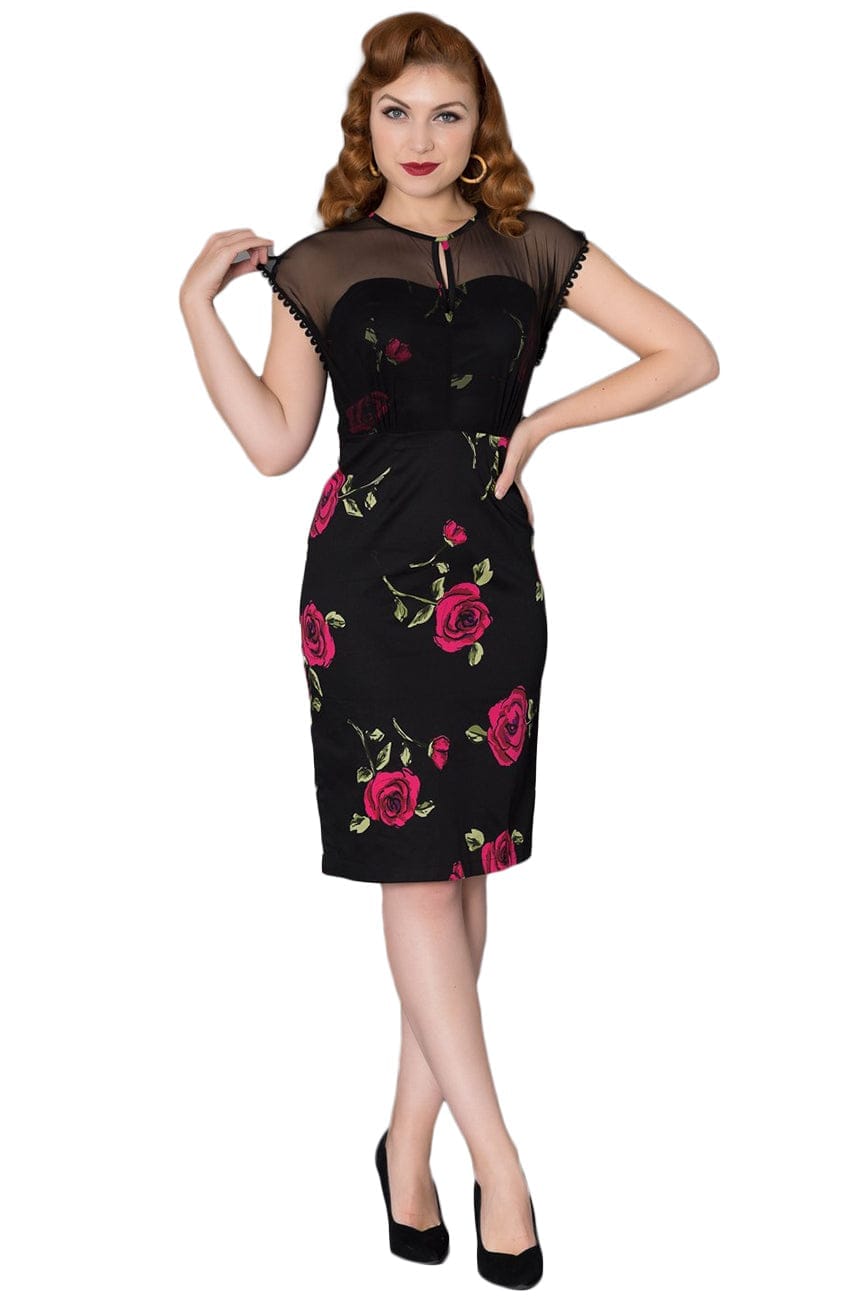 Karen Big Roses Pencil Dress with Mesh Neckline - Timeless London