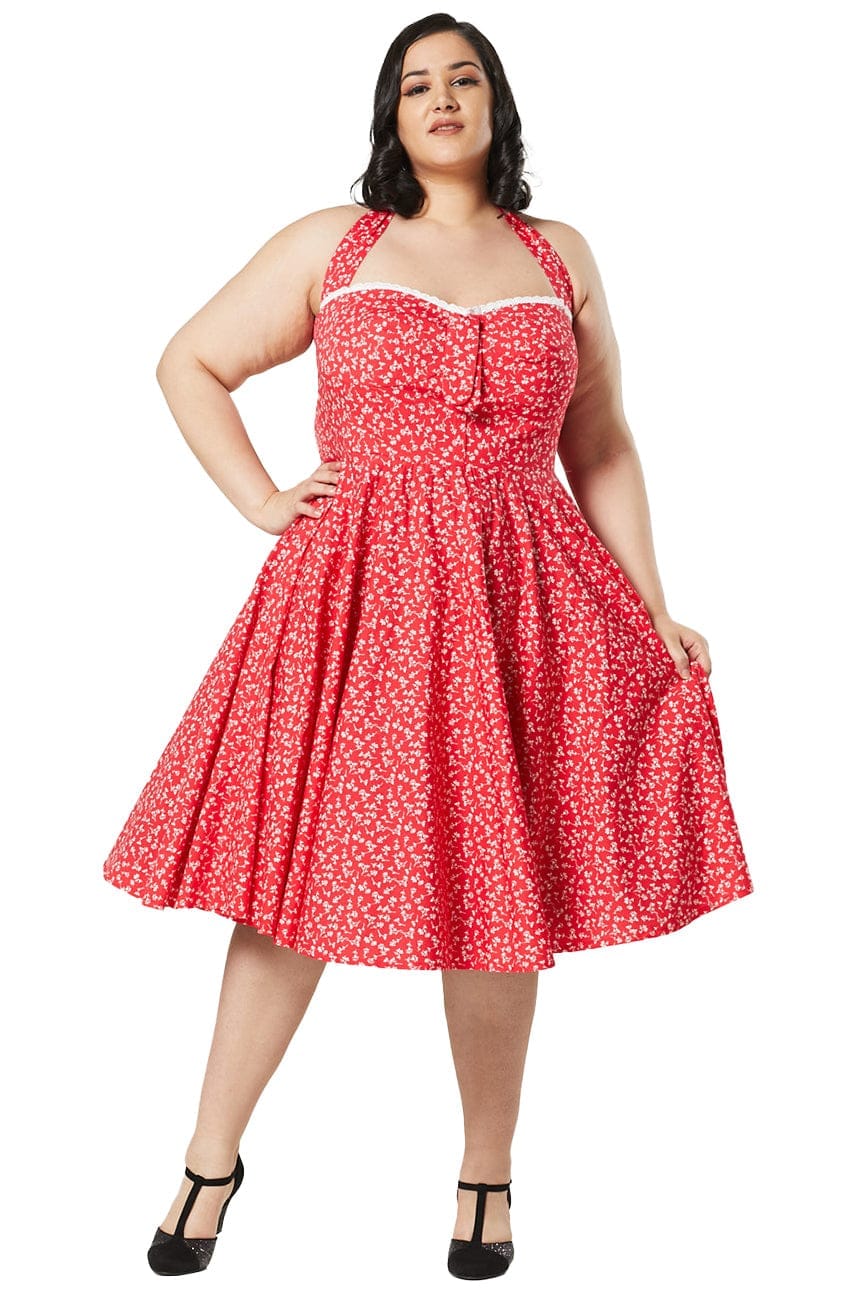 Kimberley Red &amp; White Floral Halterneck Swing Dress - Timeless London