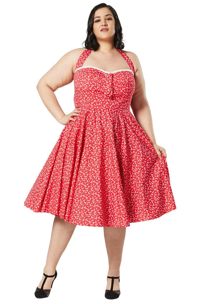 Kimberley Red &amp; White Floral Halterneck Swing Dress - Timeless London